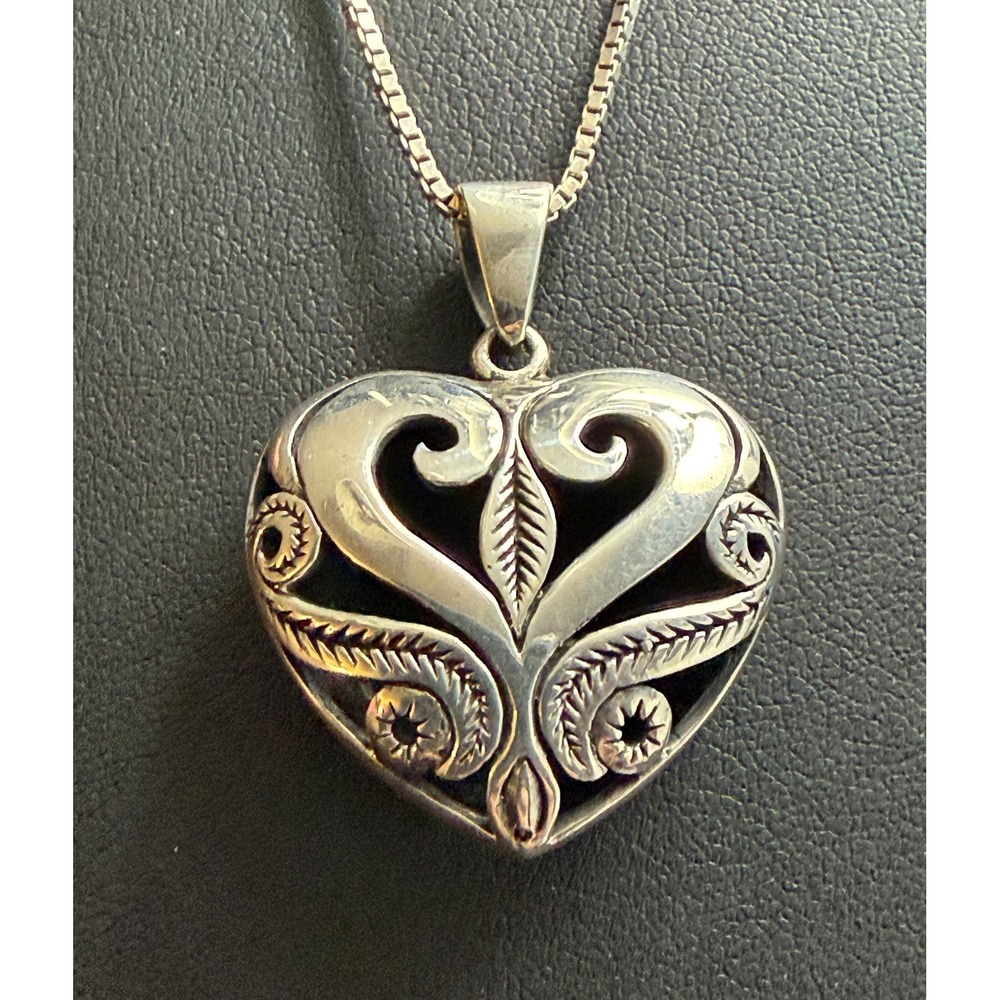 Sterling Silver Puffy Heart Pendant Necklace 925 30" Long Openwork Artisan